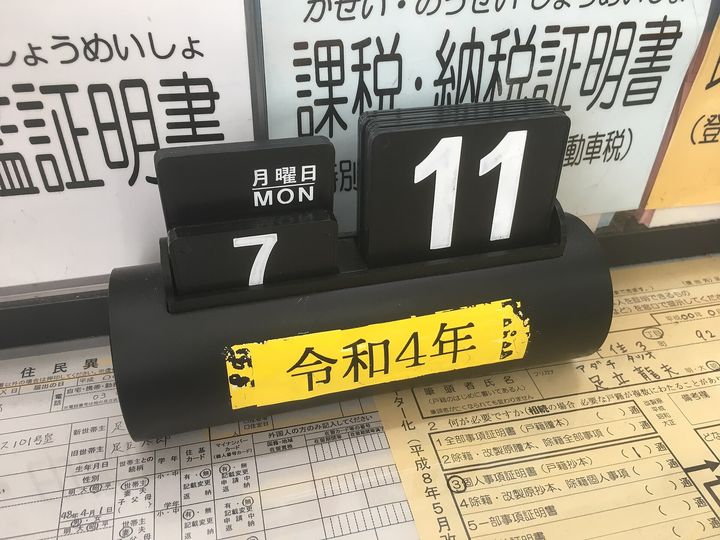 A desk block calendar standing on a pile of printed forms.