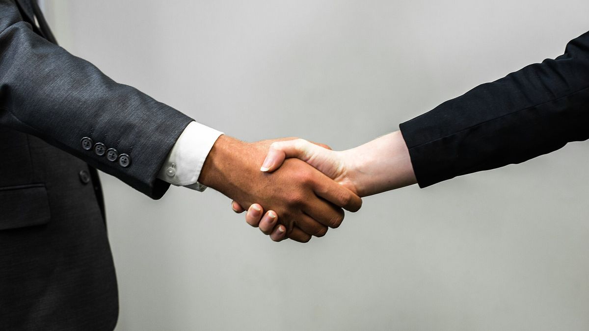 Two people in suits shaking hands.